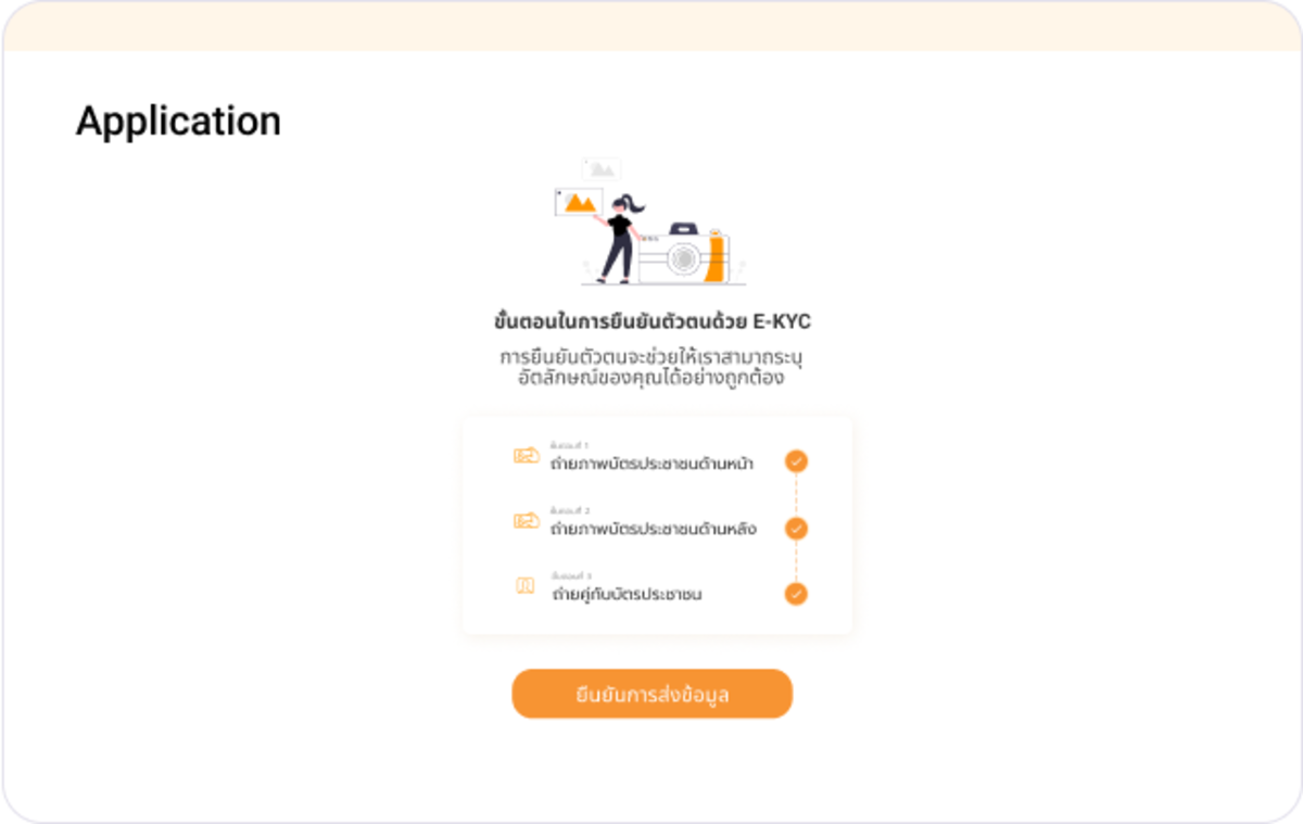 ขั้นตอนยืนยันตัวตนแบบ E-KYC แสดงการยืนยันตัวตน แนบเอกสาร และตรวจสอบความถูกต้อง